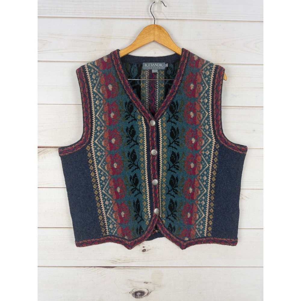Icelandic Design  Sweater Vest XL Wool Blend Floral Fair Isle Button Front